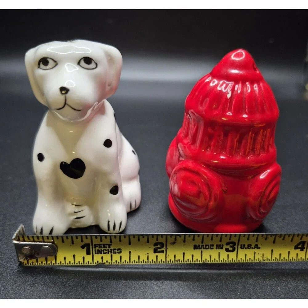 Vintage Salt & Pepper Shakers Figural Dalmation Dog + Fire Hydrant FireFighter